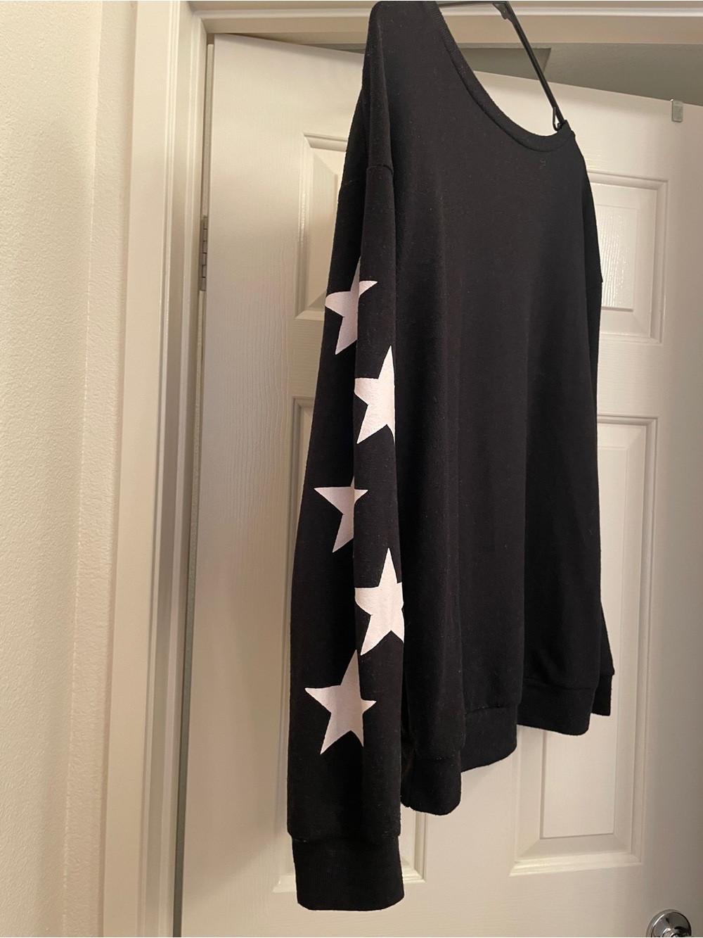 Women's Black Crewneck Sweater with White Star Sleeves